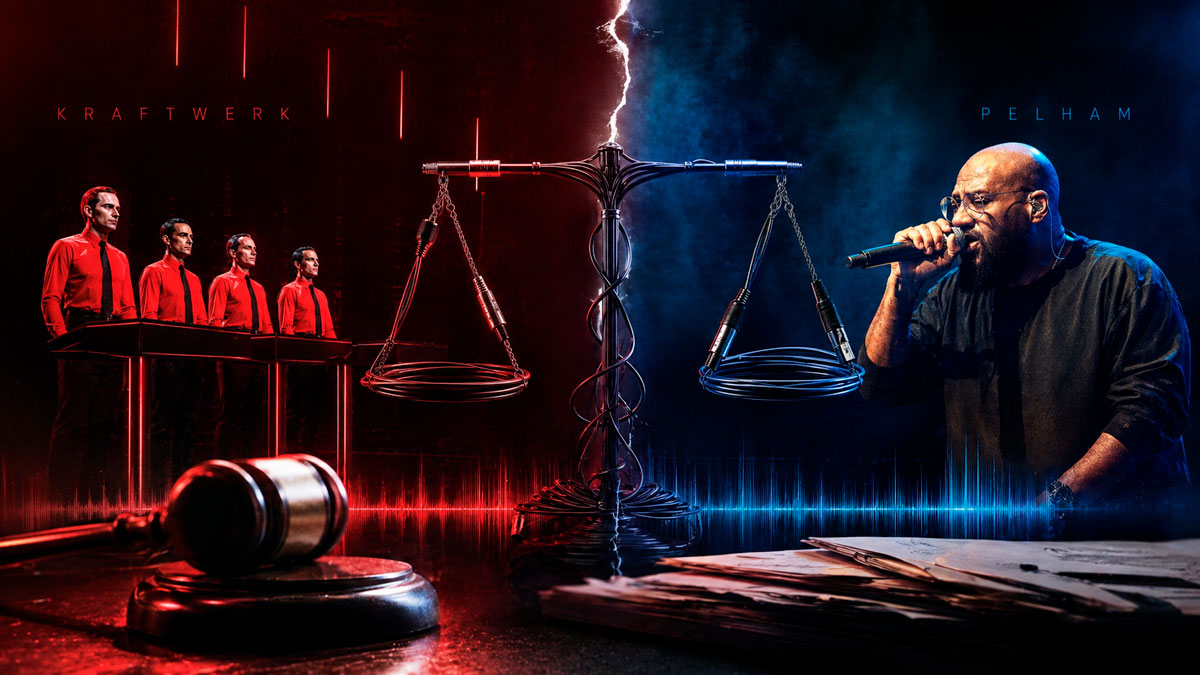 Ilustración conceptual sobre la disputa judicial entre Kraftwerk y Pelham por el sampling musical, con símbolos de justicia y producción musical