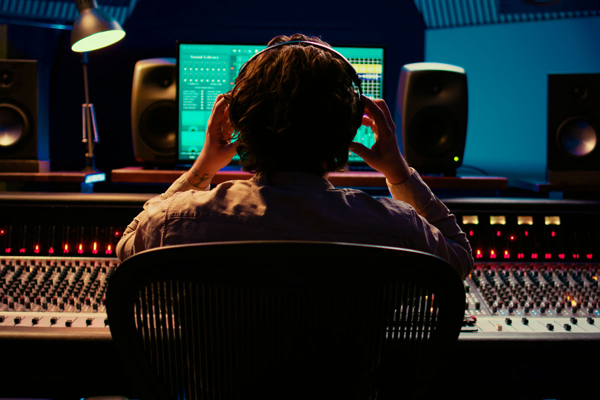 Productor musical trabajando en una mesa de mezclas para ilustrar un artículo sobre sampling, pastiche y derechos de autor